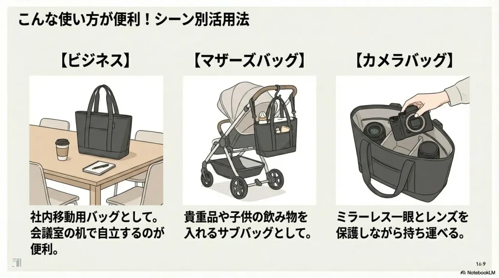 ビジネスやマザーズバッグ、カメラバッグとしての具体的な使用シーン