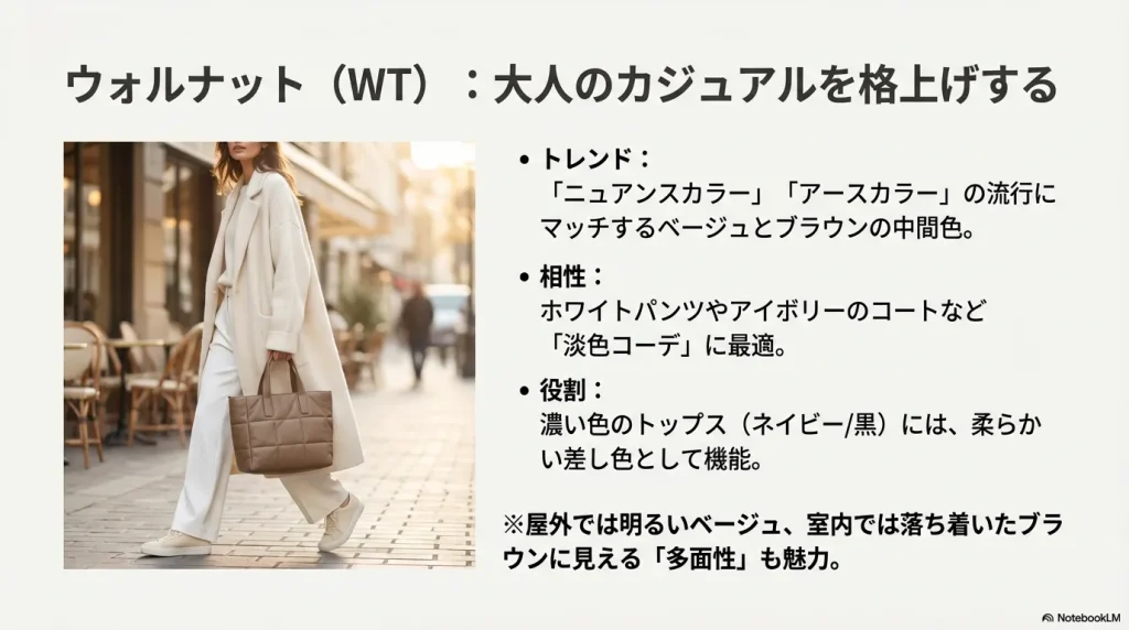 ホワイトパンツやアイボリーのコートに合う、ベージュとブラウンの中間色「ウォルナット」のスタイリング。