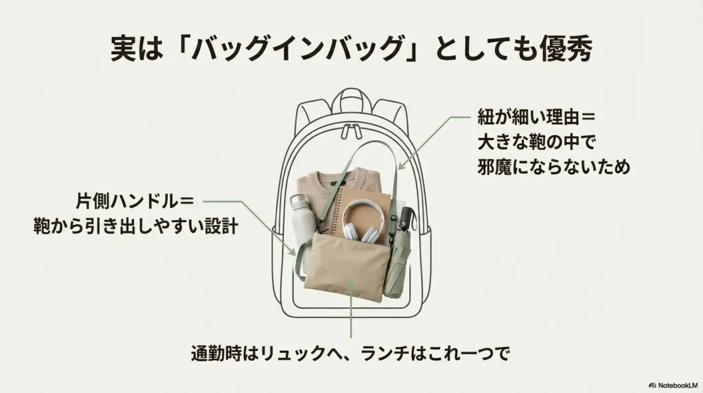 片側ハンドルで鞄から引き出しやすく、紐が細いため大きな鞄の中でも邪魔にならない設計の解説。