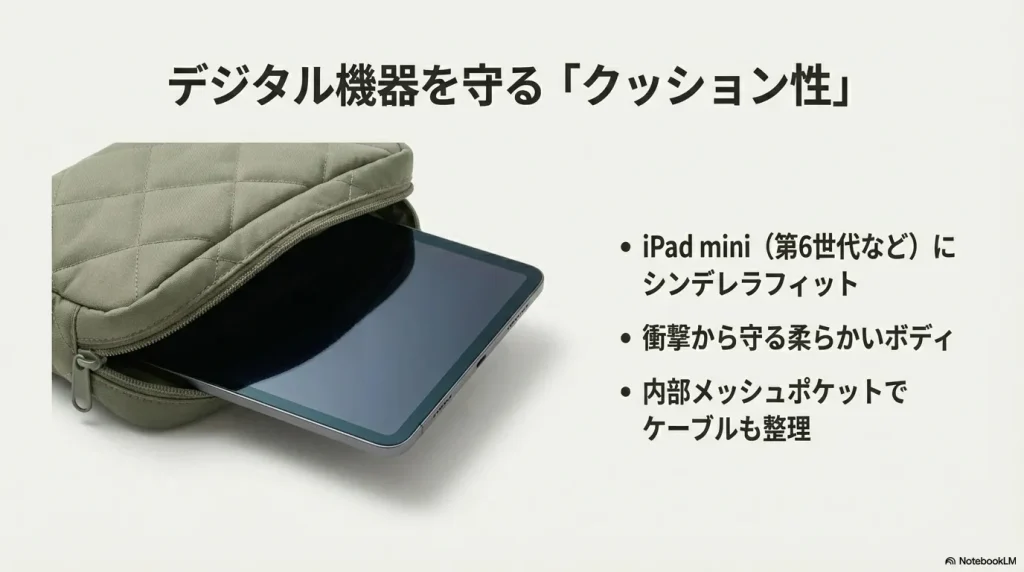 第6世代iPad miniがぴったり収まり、内部メッシュポケットでケーブルも整理できる機能の紹介。
