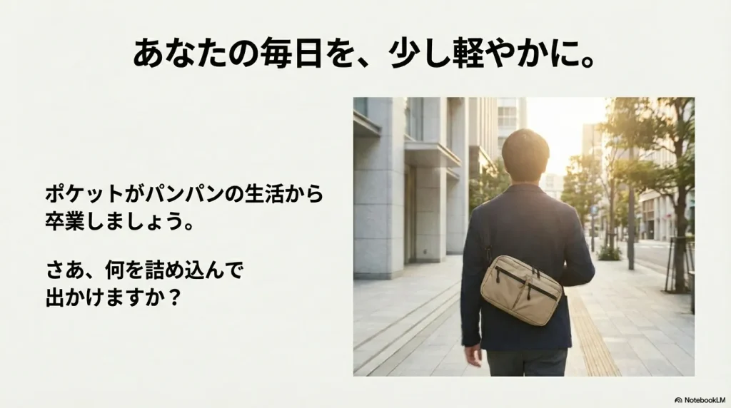 ジオフェイスポーチ(ベージュ)を背負って街を歩く人の後ろ姿。軽やかなライフスタイルを表現。