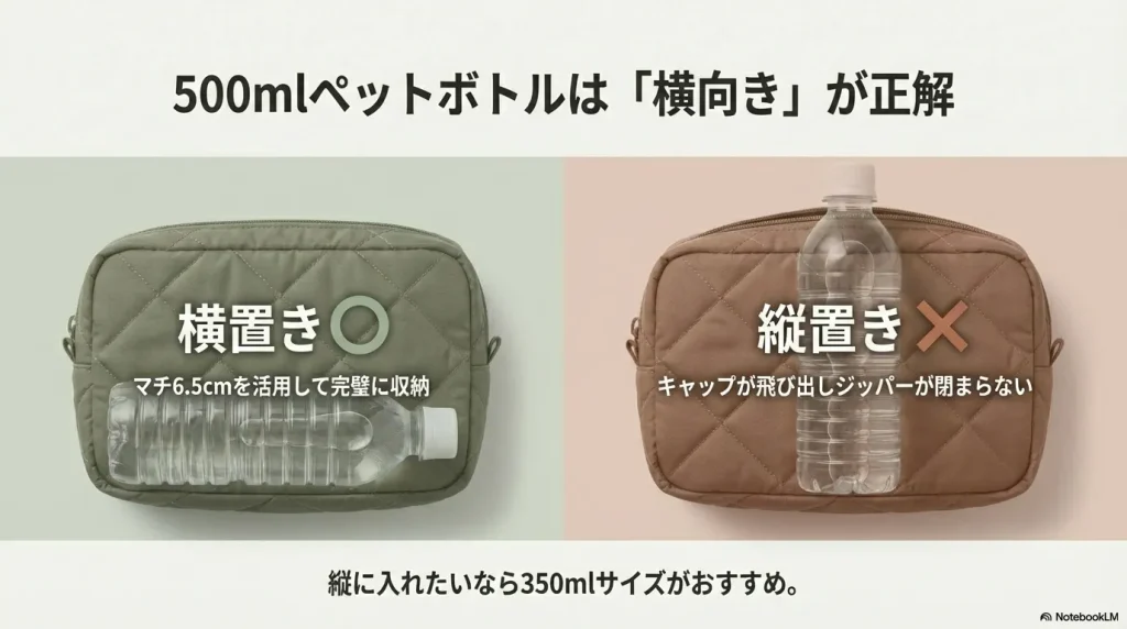 500mlペットボトルは横置きで完璧に収納でき、縦置きだとジッパーが閉まらない比較解説。