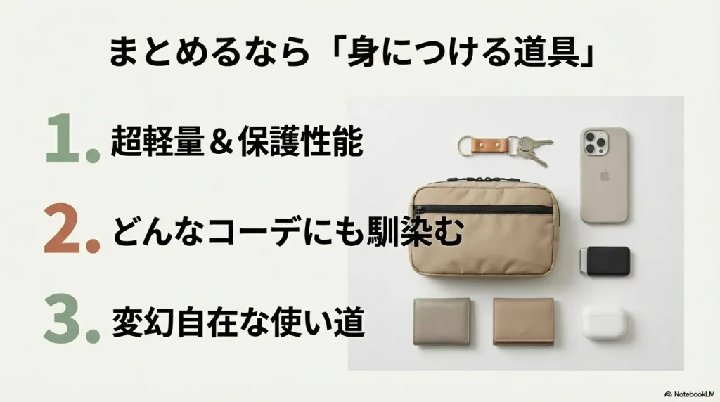 軽量・保護性能、コーデへの馴染みやすさ、変幻自在な使い道の3つのポイント。