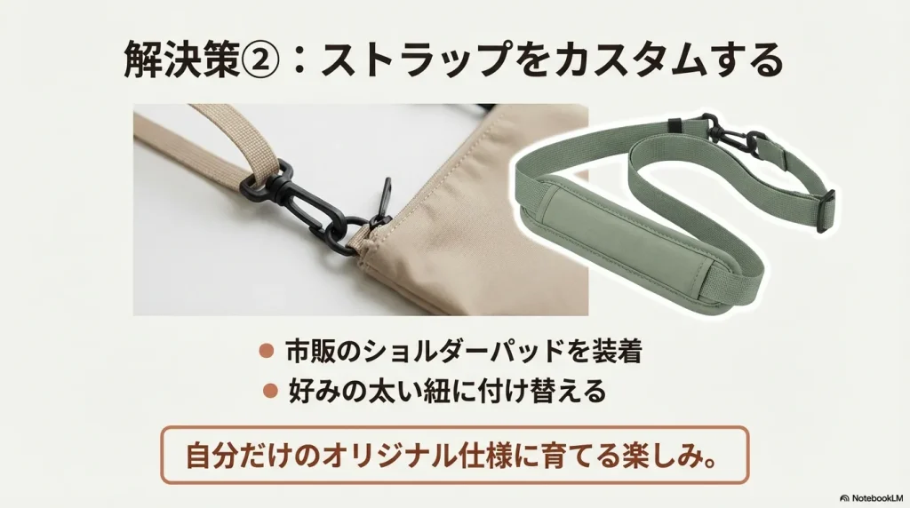 市販のショルダーパッド装着や、好みの太い紐に付け替えるカスタマイズの提案。