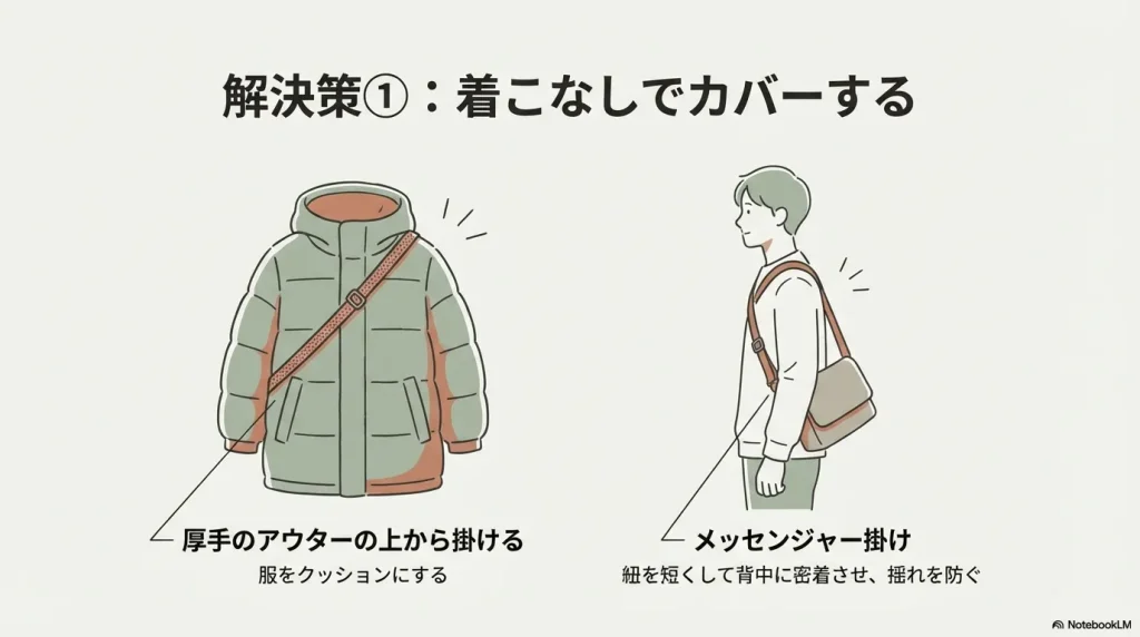 厚手のアウターの上に掛ける、または紐を短くして背中に密着させる「メッセンジャー掛け」の図解。