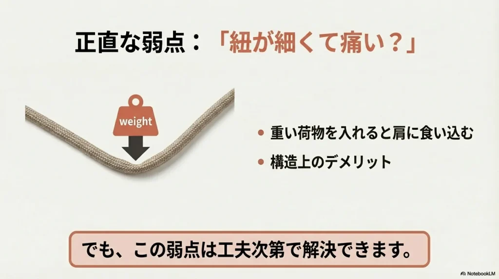 重い荷物を入れると肩に食い込みやすい細いストラップの構造的なデメリットに関するスライド。
