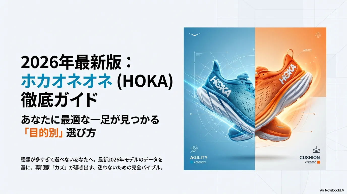 2026年最新版ホカオネオネ（HOKA）の徹底ガイド。専門家「カズ」による目的別の選び方を紹介。青とオレンジのシューズが重なるビジュアル。