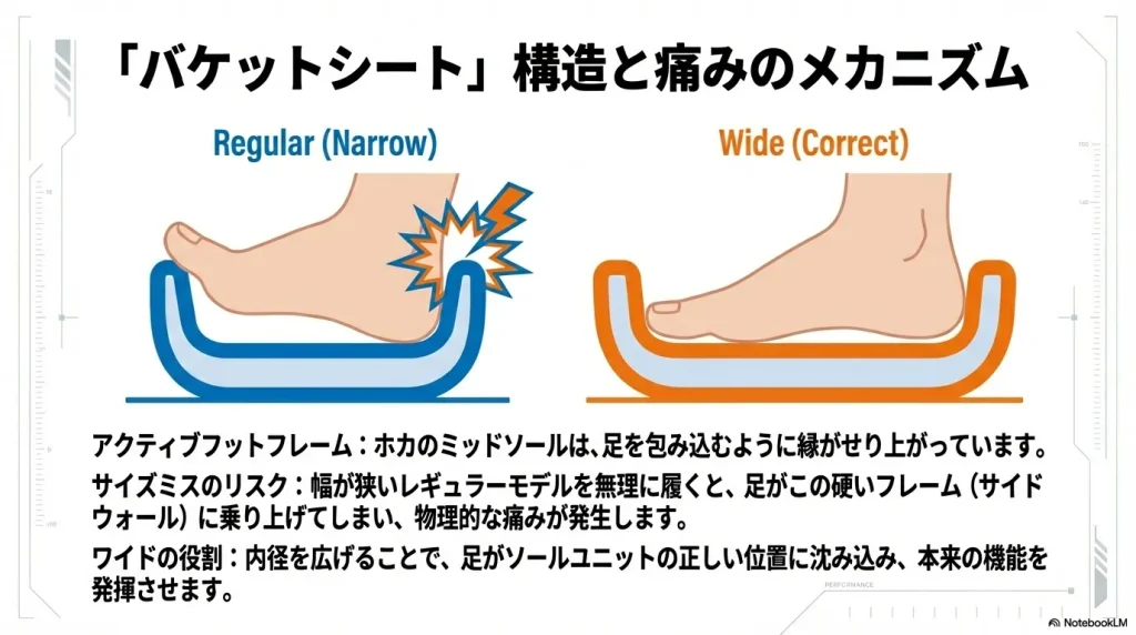 足がソールの縁に乗り上げてしまうレギュラーモデルと、内径が広く正しく沈み込むワイドモデルを比較した断面図。