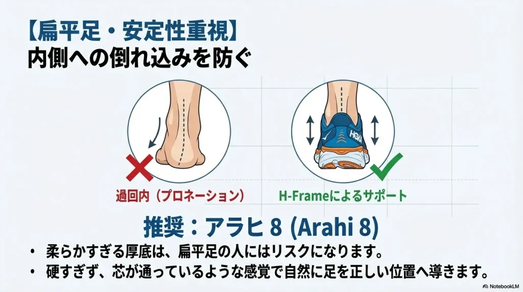 扁平足・安定性重視のアラヒ8の解説。H-Frameによるサポートで、足の内側への倒れ込み（過回内）を防ぎ、正しい位置へ導く仕組みをイラストで紹介。
