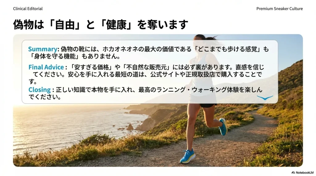 偽物は自由と健康を奪うという警告と、公式サイトや正規店での購入を推奨するまとめ画像。