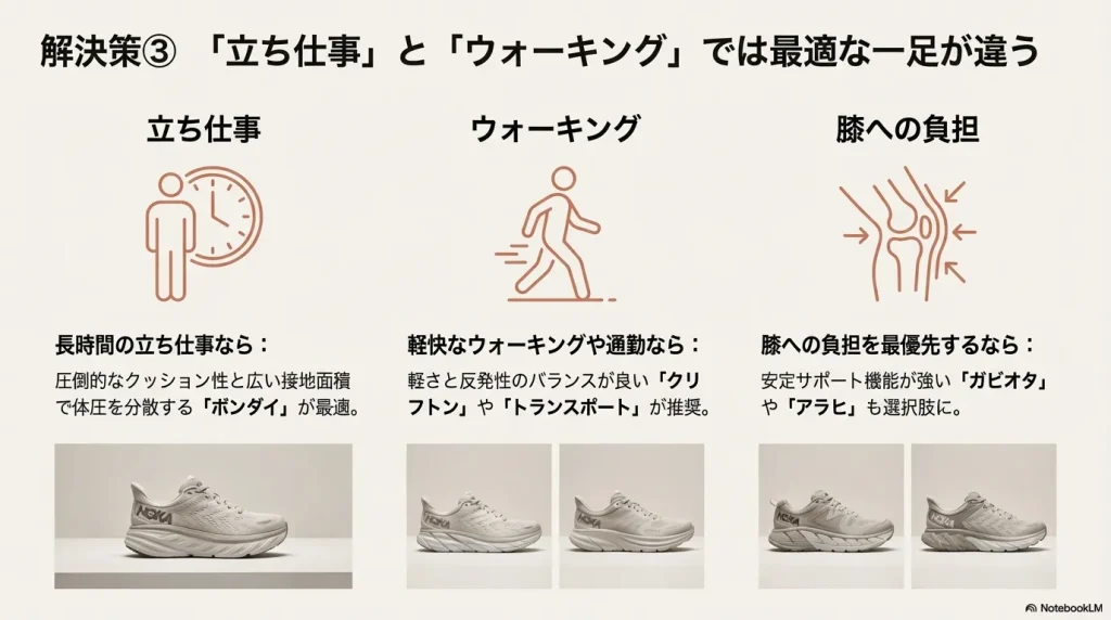 長時間立ち仕事には「ボンダイ」、通勤・ウォーキングには「クリフトン」、膝サポートには「ガビオタ」など、用途ごとの最適モデル一覧。