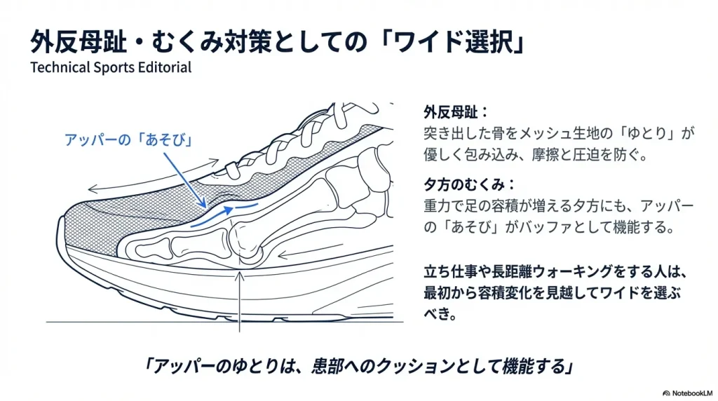 ワイドモデルのアッパー生地のゆとりが、外反母趾の骨の突き出しや夕方のむくみに対してバッファ(緩衝材)として機能する仕組み。