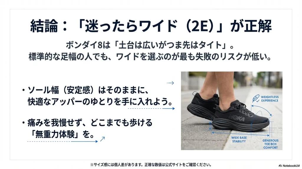 安定感のあるワイドソールと、快適なつま先空間を両立するために「迷ったらワイド」を推奨する最終的な結論スライド。