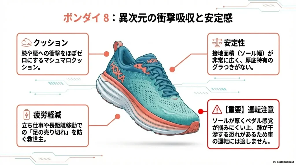 ボンダイ8のクッション性と安定性の解説、および厚底による運転時の注意喚起図。