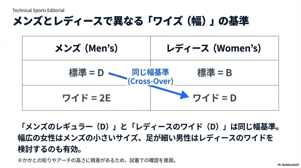 メンズのレギュラー(D)とレディースのワイド(D)が同じ幅であることを示す、男女間のワイズ基準クロスオーバー比較表。