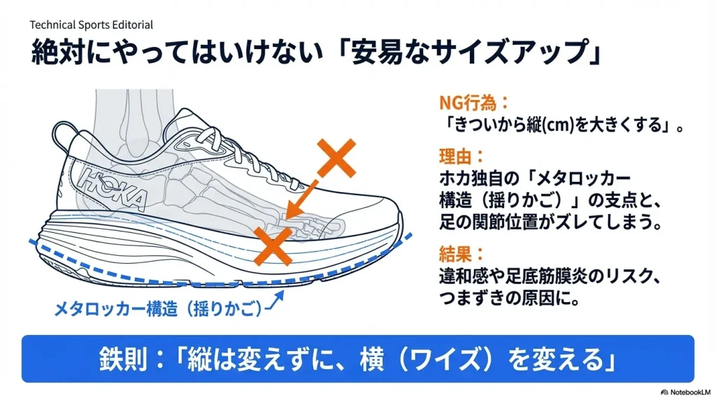 縦のサイズを上げすぎると、足の関節とメタロッカー構造の支点がズレて、足底筋膜炎やつまずきの原因になるリスクを説明する図。