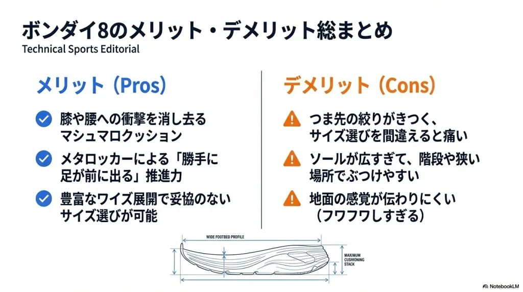 マシュマロクッションや推進力のメリットと、つま先の絞りやソールの広さによるデメリットを比較したまとめ図。