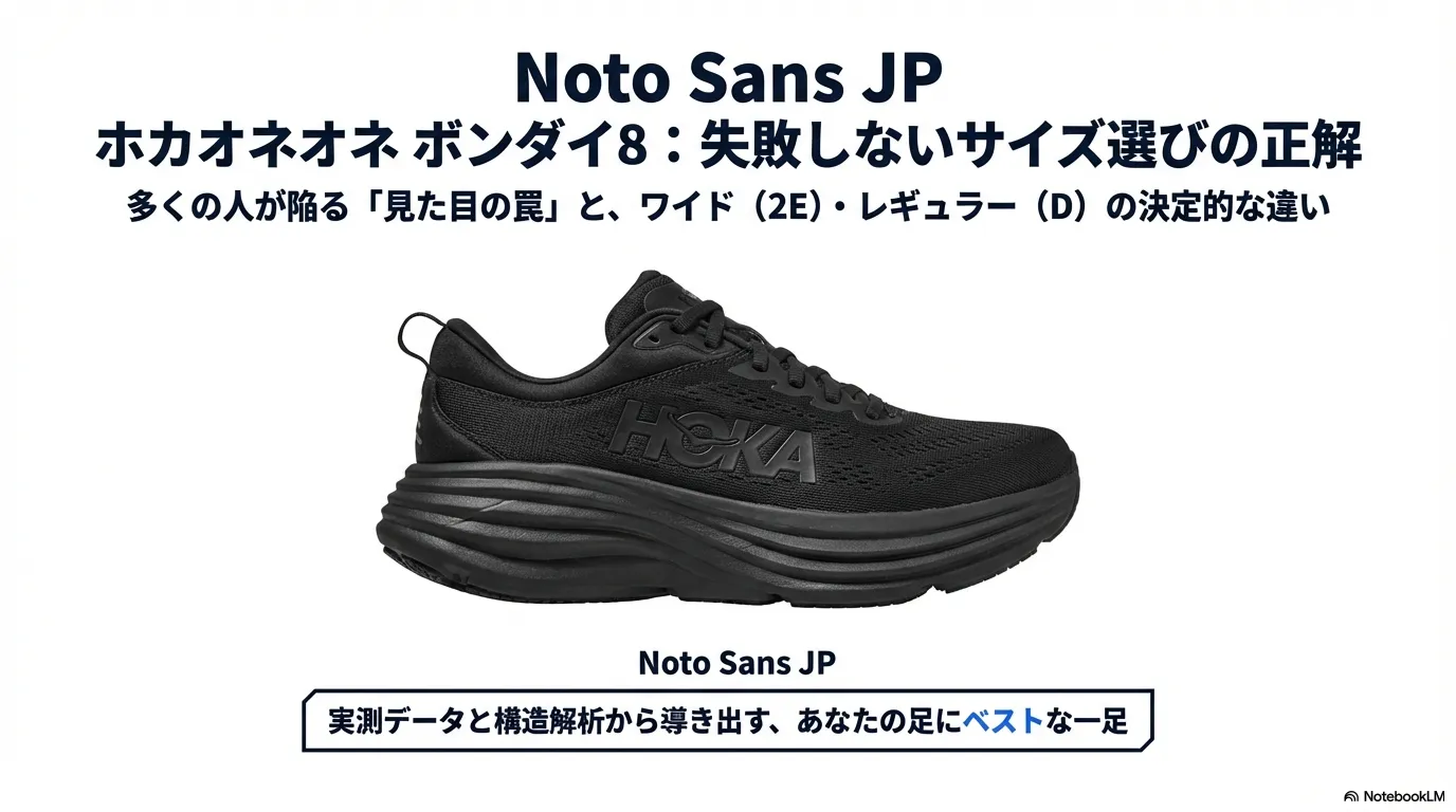 ホカオネオネ ボンダイ8のサイドビューと、サイズ選びの重要性を伝えるスライドの表紙。