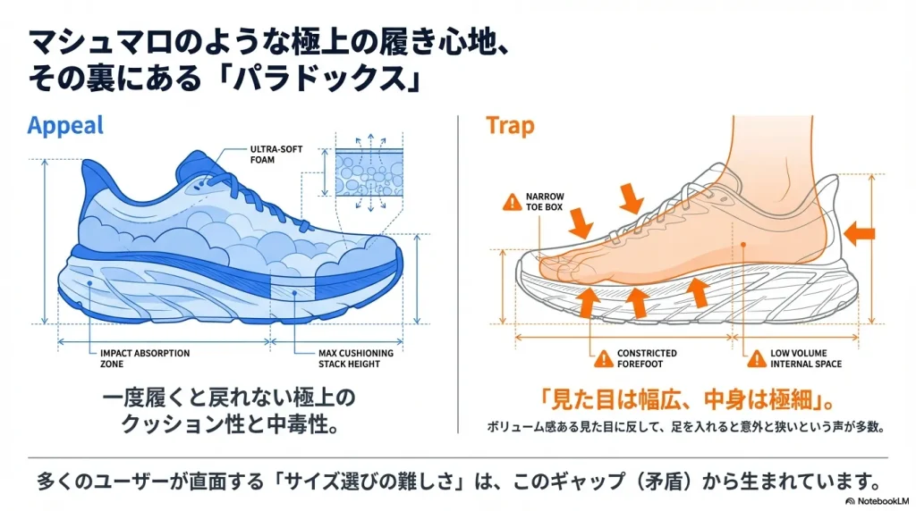 ボンダイ8の極厚クッションの構造と、見た目のボリュームに反して内部空間が狭い「罠」を説明する比較図。