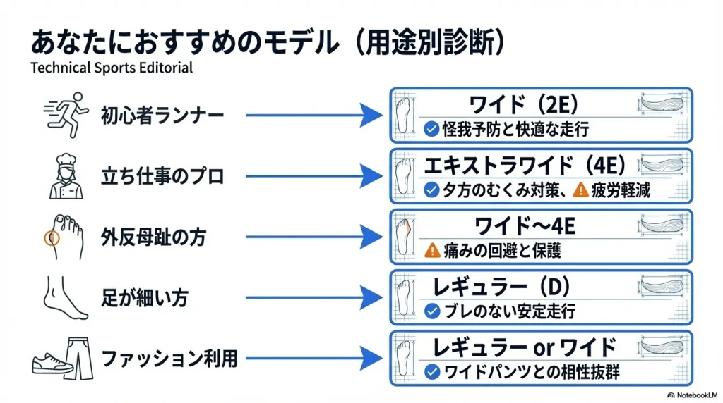 初心者ランナー、立ち仕事、外反母趾、足が細い人、ファッション利用それぞれの推奨ワイズを一覧化した診断表。