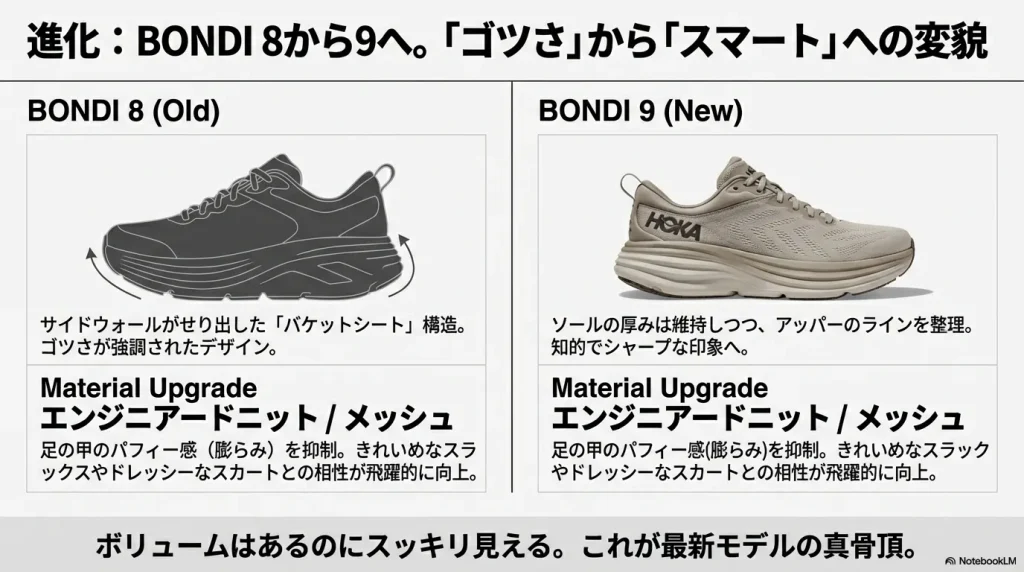 旧モデル(BONDI 8)のゴツいサイドウォール構造と、新モデル(BONDI 9)の整理されたスマートなアッパーラインの比較図。エンジニアードニット採用によるパフィー感の抑制について解説している。