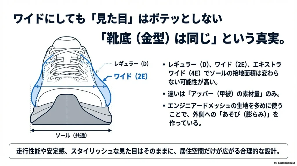 ソール(金型)は共通で、アッパーの生地量を増やすことで内部容積(あそび)を広げているワイドモデルの設計図。