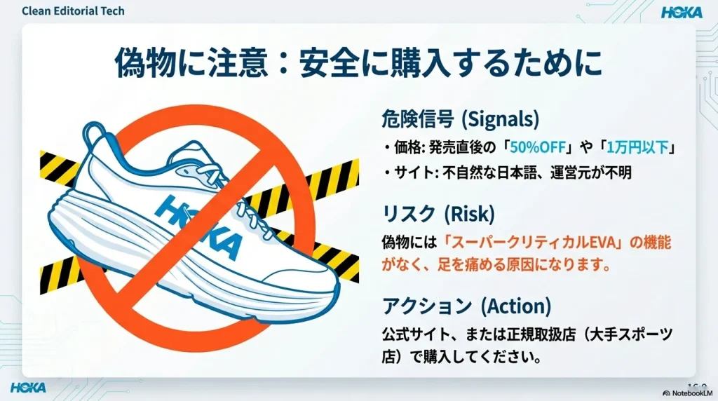 不自然な価格やサイトの特徴など、偽物を避けて安全に購入するためのチェックポイントスライド。