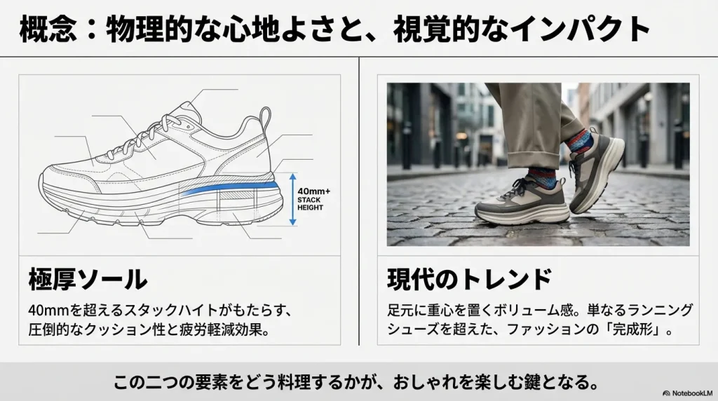 石畳の道を歩くHOKA BONDI 9の着用写真と、40mmを超えるスタックハイト(ソールの厚み)を強調した図解。圧倒的なクッション性とボリューム感を説明している。
