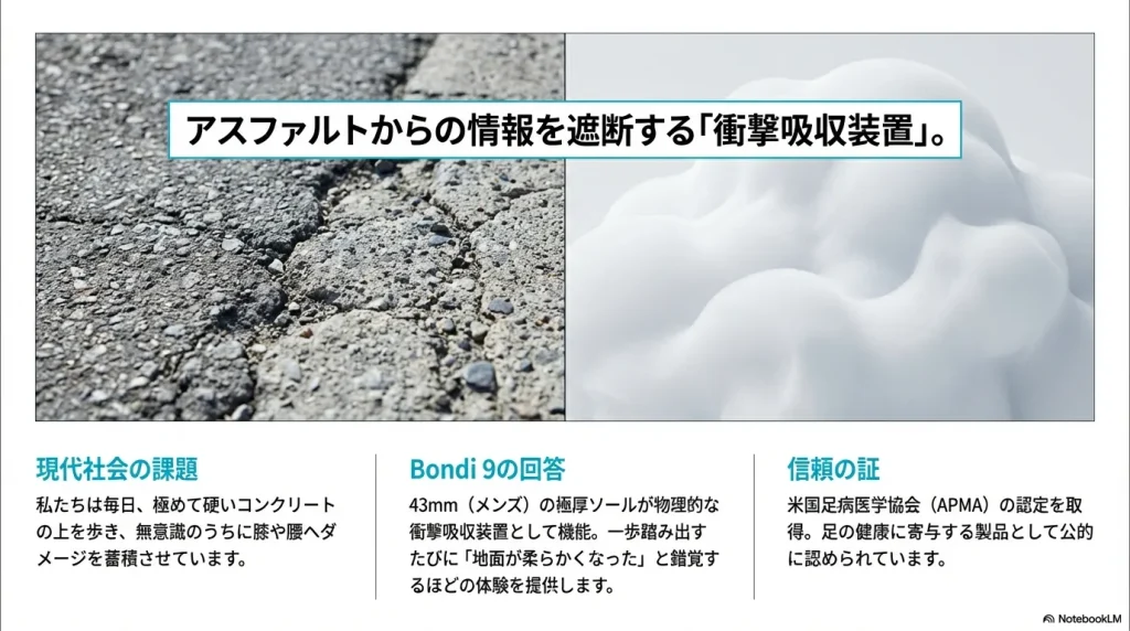 アスファルトの衝撃を遮断する43mmの極厚ソールと、米国足病医学協会(APMA)認定ロゴを示した衝撃吸収性能の解説図。