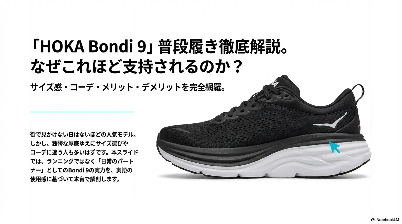 HOKA Bondi 9の製品画像と共に「普段履き徹底解説」「サイズ感・コーデ・メリット・デメリットを完全網羅」と書かれた解説資料の表紙。