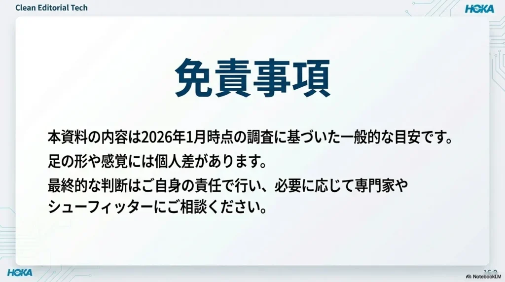 調査時点の情報であることや、個人差があることを伝える免責事項のスライド。