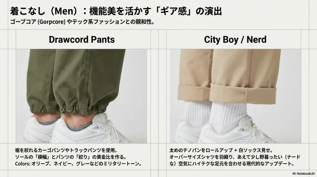 裾を絞ったドローコードパンツとの組み合わせや、ロールアップしたチノパンに白ソックスを合わせたシティボーイスタイルの提案。