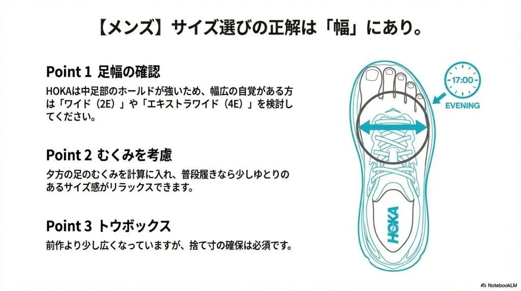 足の解剖図に幅広の矢印を重ね、中足部のホールドや夕方のむくみを考慮したワイド(2E)やエキストラワイド(4E)の検討を促す図解。