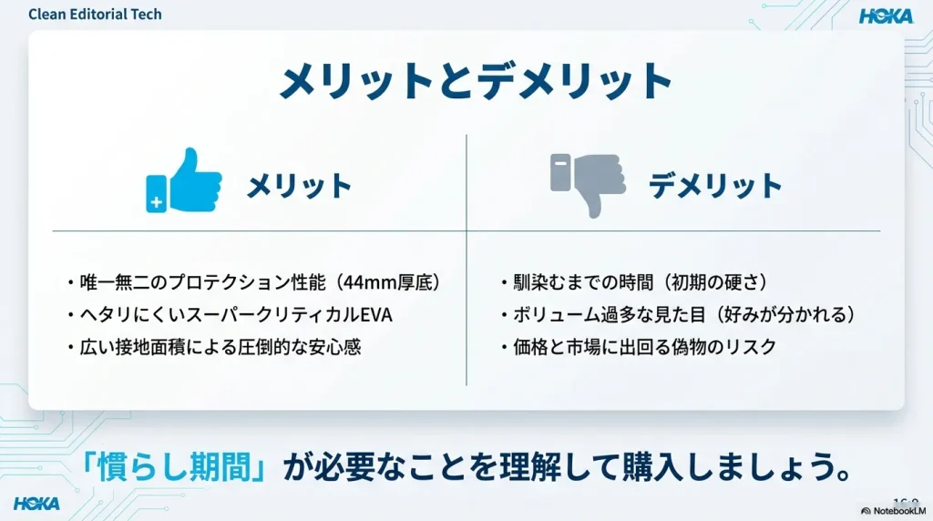 唯一無二のプロテクション性能というメリットと、慣らし期間が必要というデメリットをまとめた表スライド。