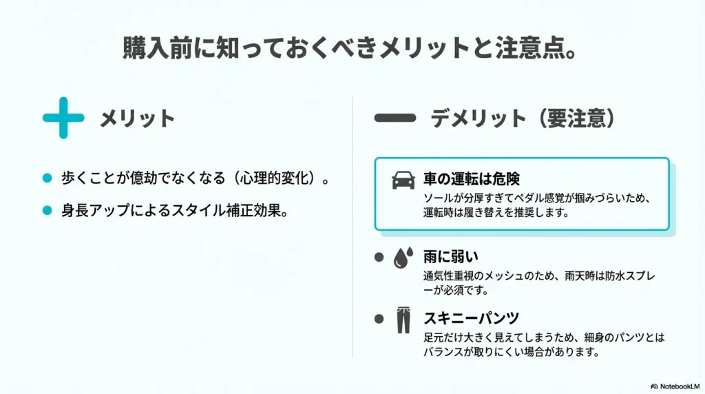メリット(歩行の心理的変化・スタイル補正)と、注意点(運転の危険性・雨への弱さ・細身パンツとの相性)を箇条書きでまとめた図。