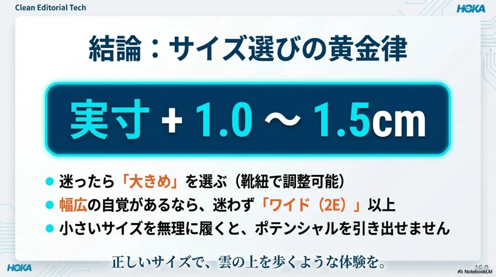 実寸+1.0cm〜1.5cmをベースにするなど、ボンダイ9選びで失敗しないための黄金律をまとめたスライド。