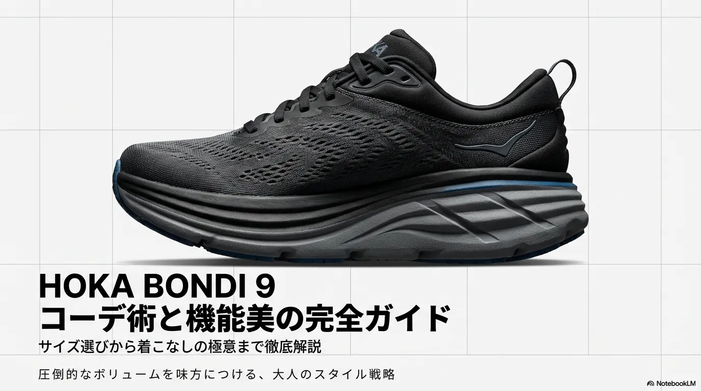 HOKA BONDI 9のスタイルガイド表紙。「圧倒的なボリュームを味方につける、大人のスタイル戦略」というキャッチコピーが記載されている。