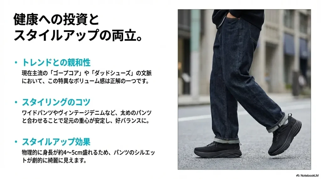 ワイドパンツとボンダイ9を合わせた着用画像。身長が約4〜5cm盛れる効果や、ダッドシューズとしてのトレンド親和性を説明。