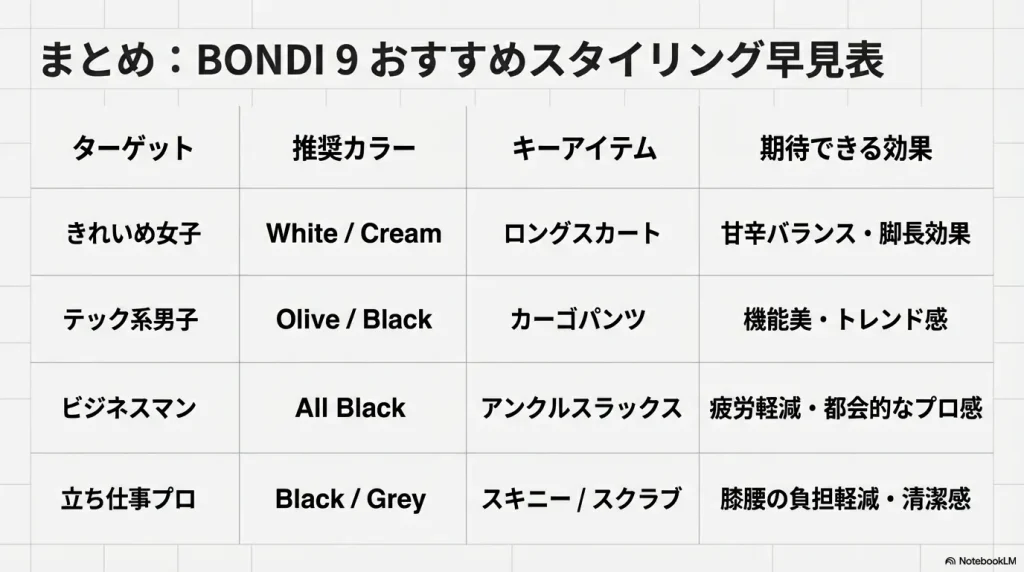 きれいめ女子、テック系男子、ビジネスマン、立ち仕事プロ向けの、推奨カラー、キーアイテム、期待できる効果をまとめた一覧表。