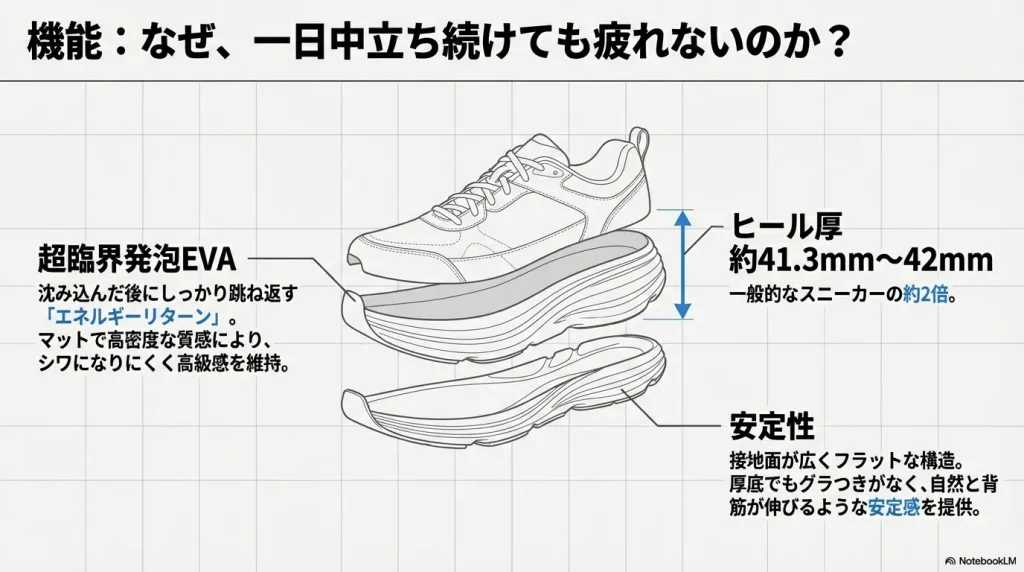 ソールの分解図。約41.3mm〜42mmのヒール厚と、エネルギーリターンに優れた超臨界発泡EVA、安定性を生む広い接地面について解説している。