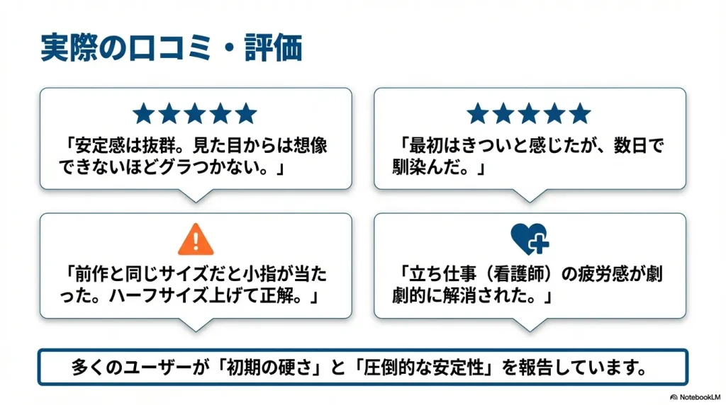 安定感の高さや、サイズを上げた正解例など、ボンダイ9購入者のリアルな声をまとめたスライド。