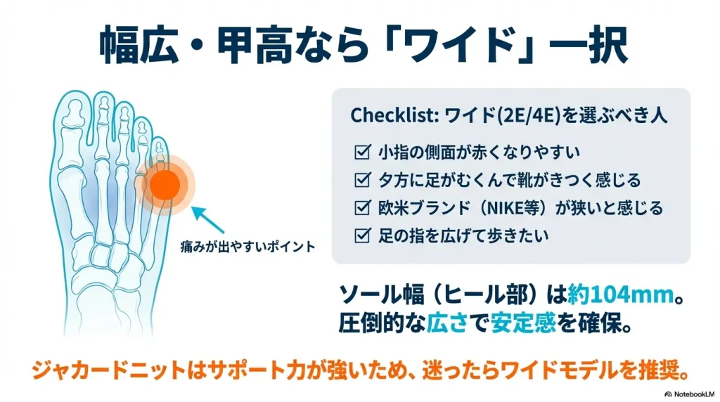 足の痛みが出やすいポイントと、ワイドモデル(2E/4E)を選ぶべき人の条件をまとめたスライド。