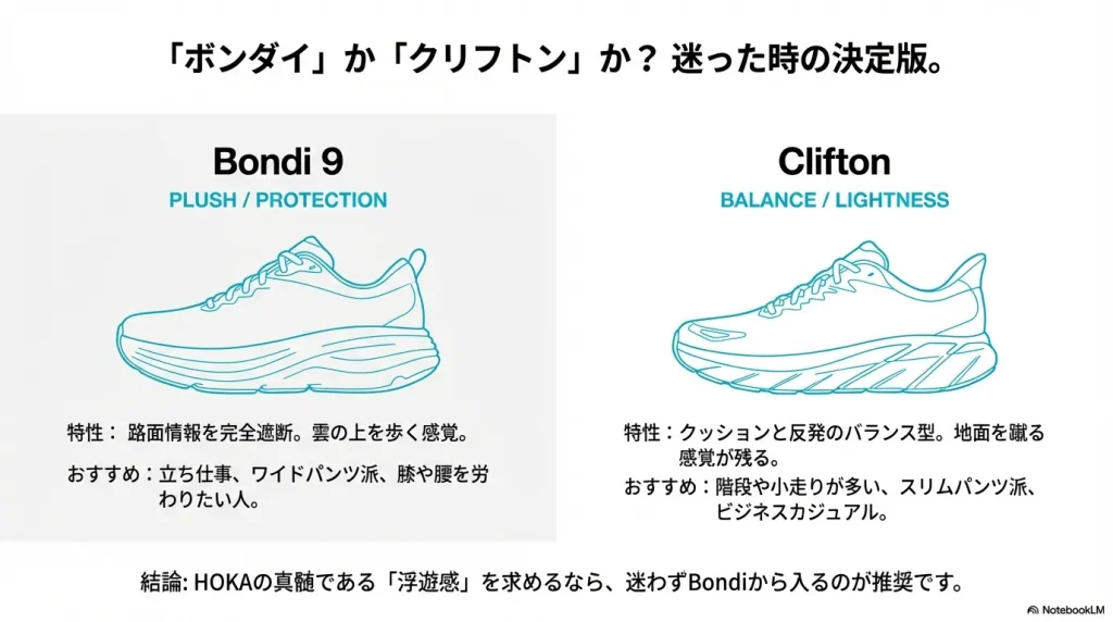 ボンダイ(究極の保護・雲の上の感覚)とクリフトン(軽快なバランス・地面を蹴る感覚)の特性と、おすすめの人を対比させた比較図。