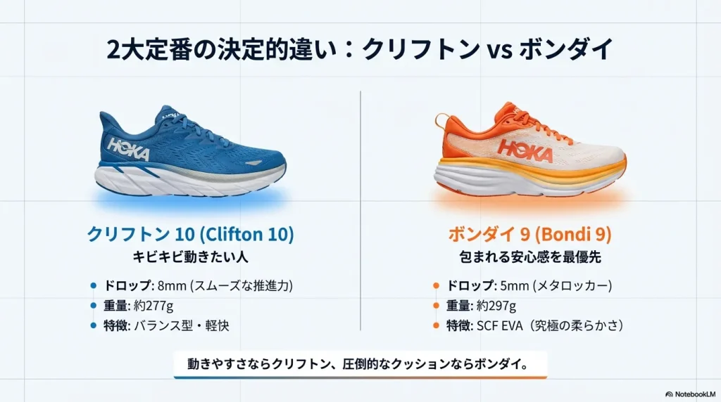 クリフトン10（8mmドロップ、約277g、バランス型）とボンダイ9（5mmドロップ、約297g、究極の柔らかさ）の比較画像。
