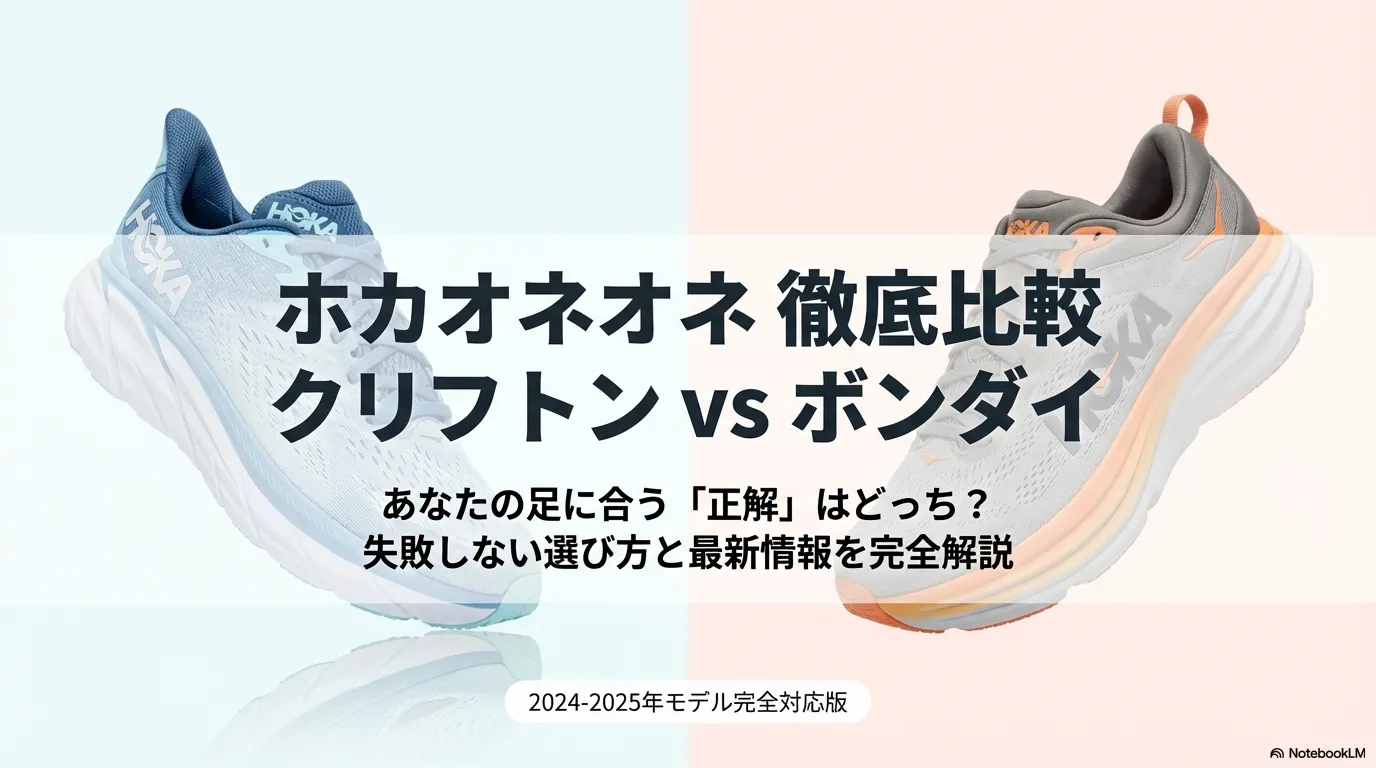 HOKAの定番モデル、クリフトンとボンダイを比較解説するスライドの表紙画像。