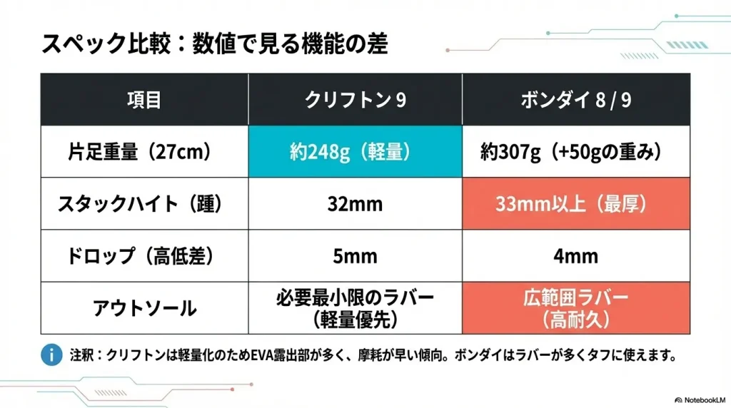 重量、スタックハイト、ドロップ、アウトソールの違いをまとめたスペック比較表。