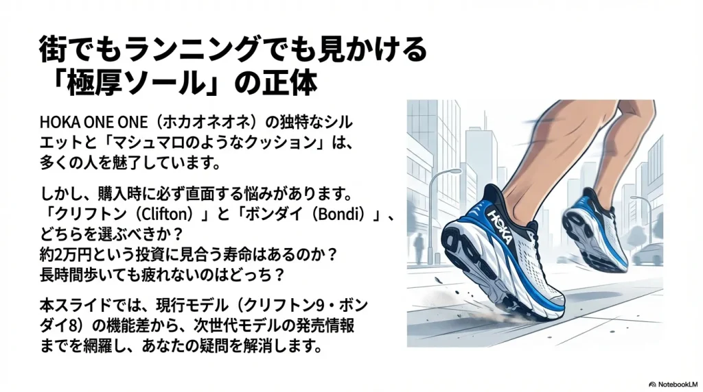 街で見かける厚底シューズ、クリフトンとボンダイのどちらを選ぶべきかという問いかけの画像。