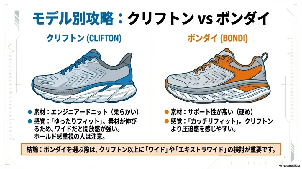 素材とホールド感が異なるクリフトンとボンダイの比較。ボンダイではワイドやエキストラワイドの検討が重要であることを示す図解。