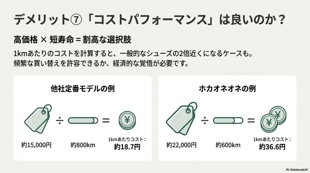 購入価格を想定走行距離で割った1kmあたりのコスト計算式。ホカオネオネは約36.6円になるという試算。