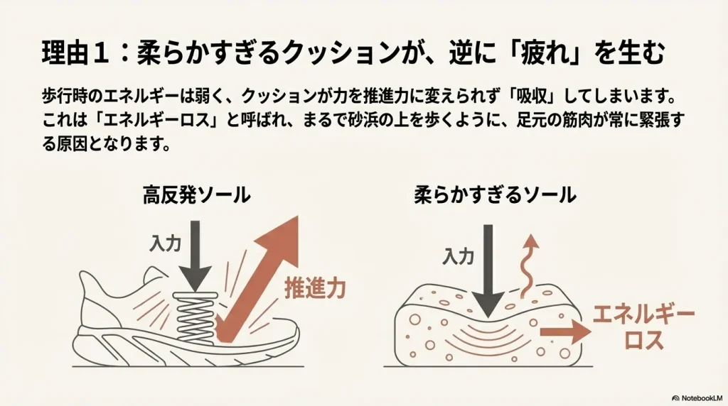 高反発ソールが推進力を生むのに対し、柔らかすぎるソールは入力を吸収してしまい、エネルギーロスが発生して疲れる仕組みの図解。